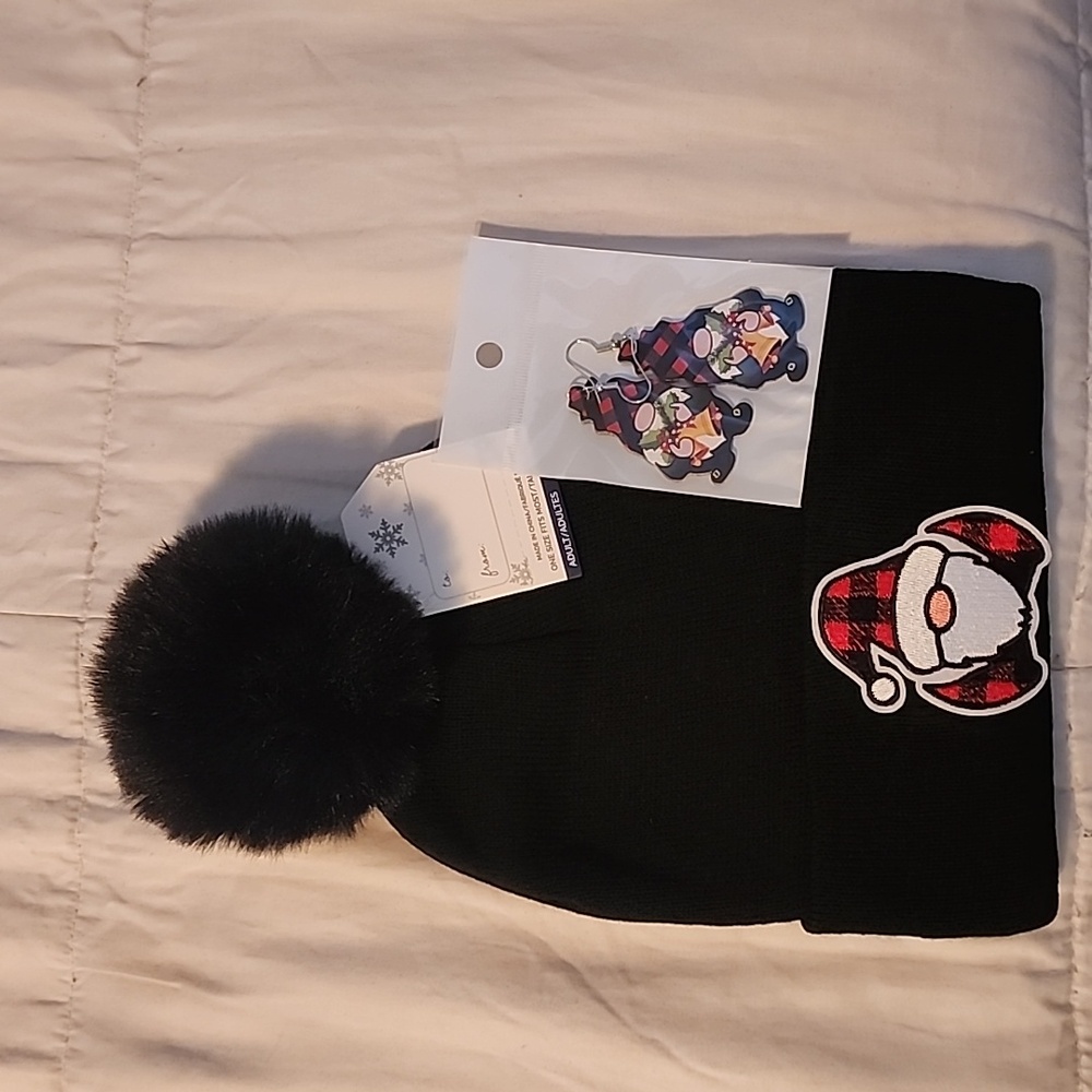 Black Beanie with Gnome Patch And Earrings.